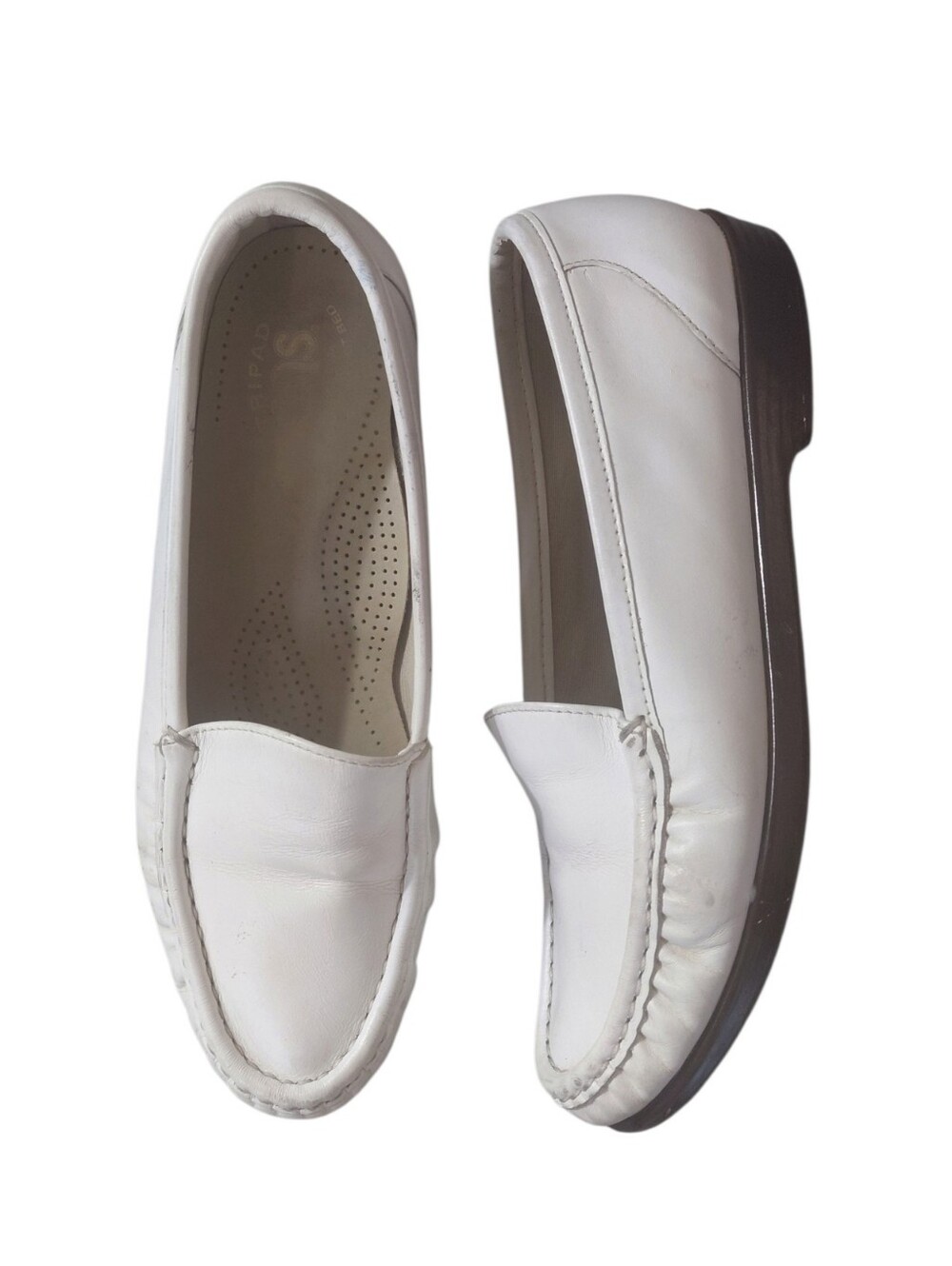 SAS White Leather Slip-On Loafers with Dark Brown Sole